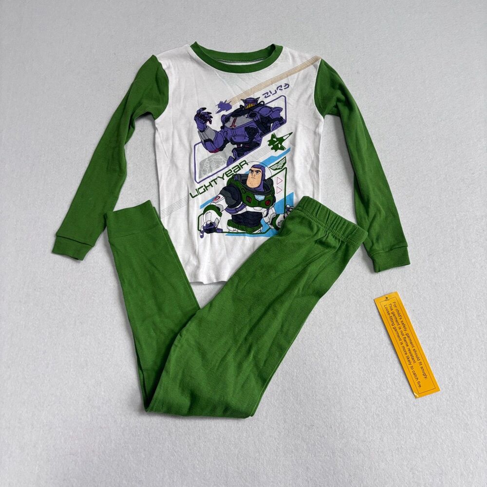 Disney Buzz Lightyear Toy Story Pajamas Shirt Pants Sz 8 Green White Long Sleeve
